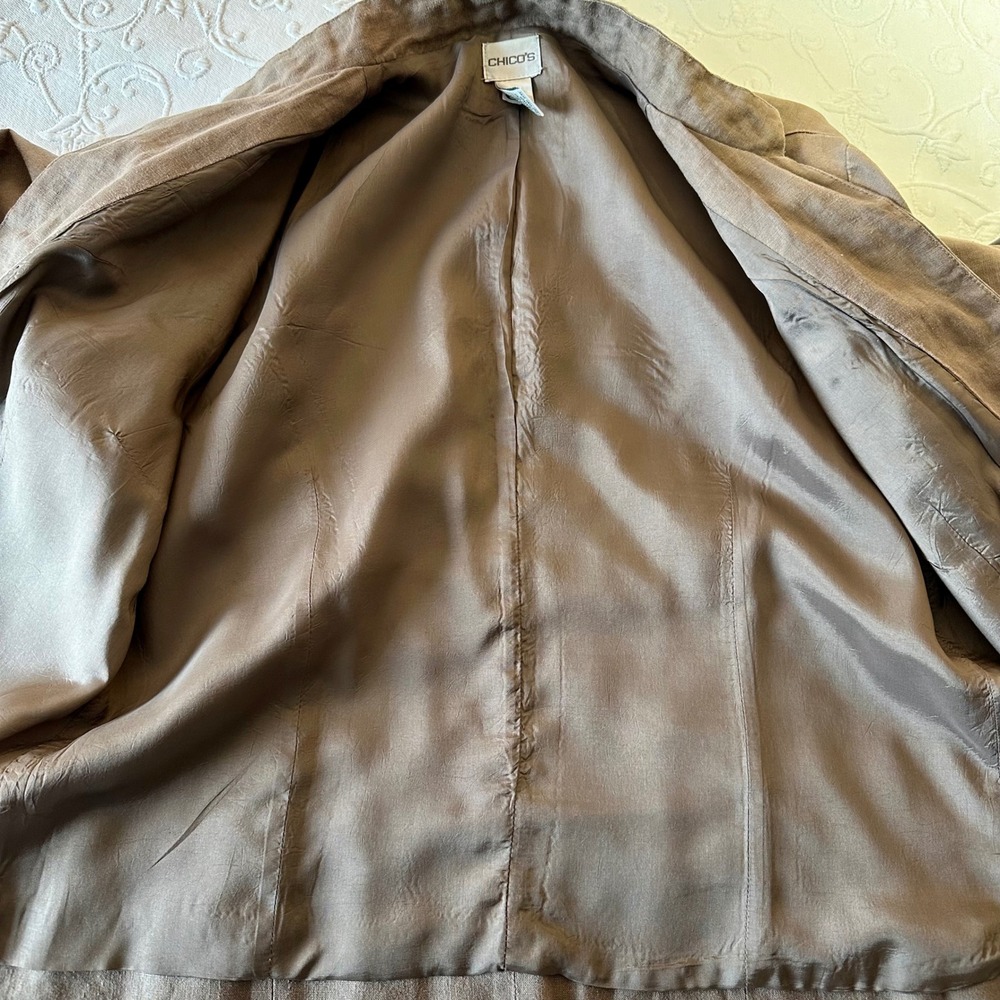 Chicos Linen‎ Taupe & Cream Floral Embroidery Jacket Size Large Chicos 2 Boho - Picture 12 of 12